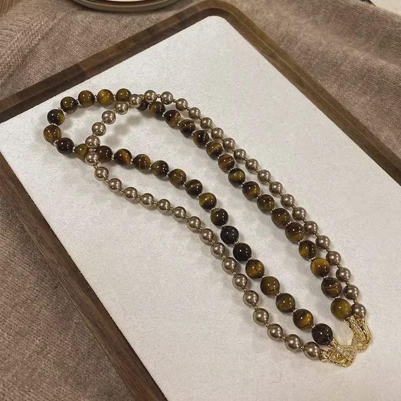 Champagne Double-Layer Tiger Eye & Pearl Necklace with 8-Shaped Buckle