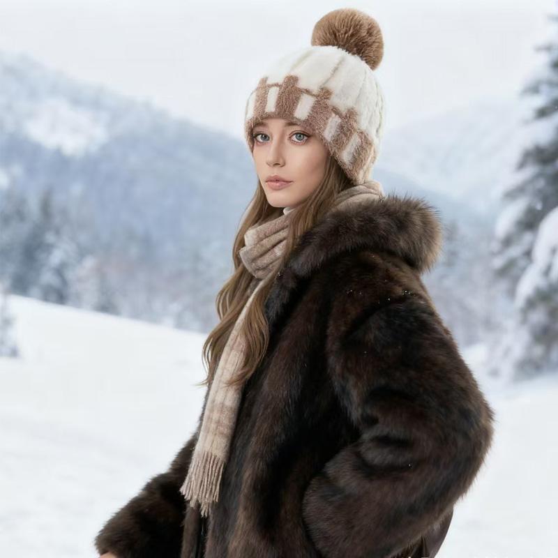 1Pc Plush Hat Winter Ear Protection Cold Protection Single Ball Cycling Color Blocked Polyester Imitation Fox Fur