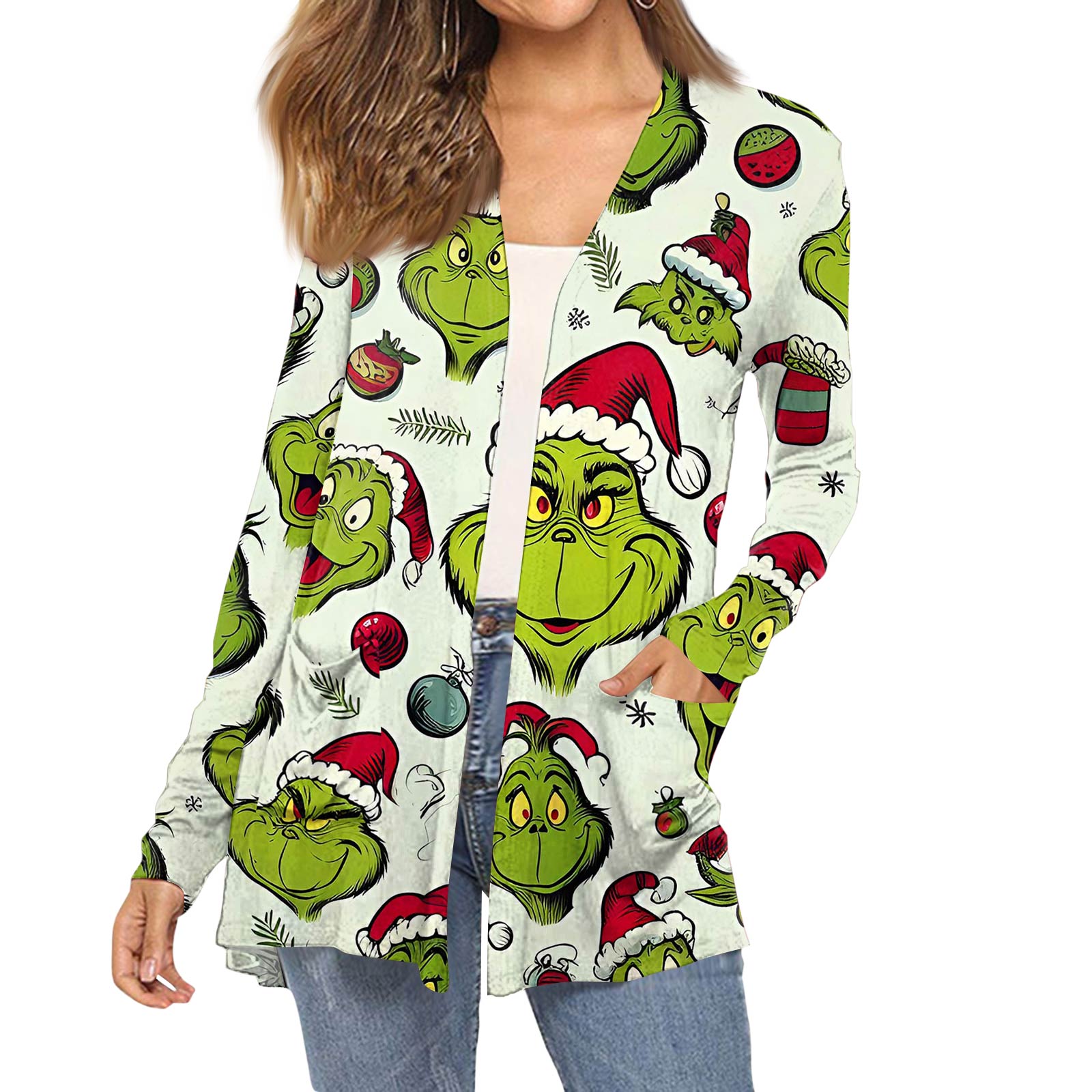

Женский модный кардиган-пальто с длинным рукавом, карманами, приталенного силуэта и рождественским принтом M зелёный