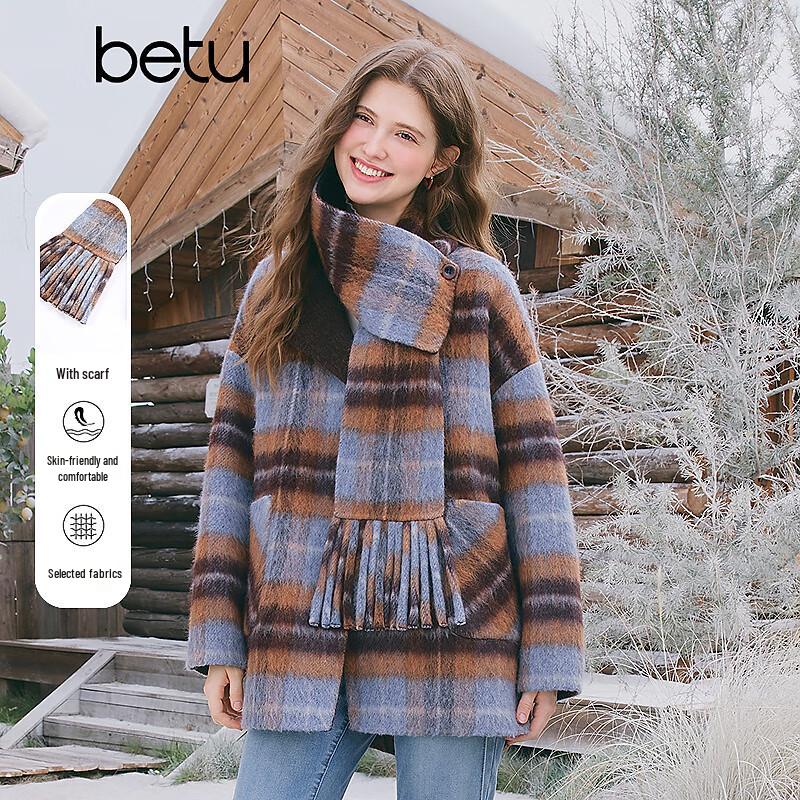 

Betu Women s Plaid Wool Blend Scarf Mid-Length Coat M