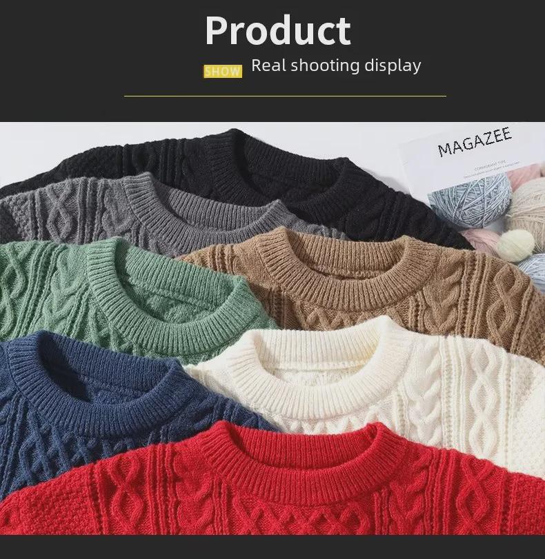 Men's Winter Cable Knit Sweater: Casual, Solid Color, Light Mature Style, Round Neck Pullover.