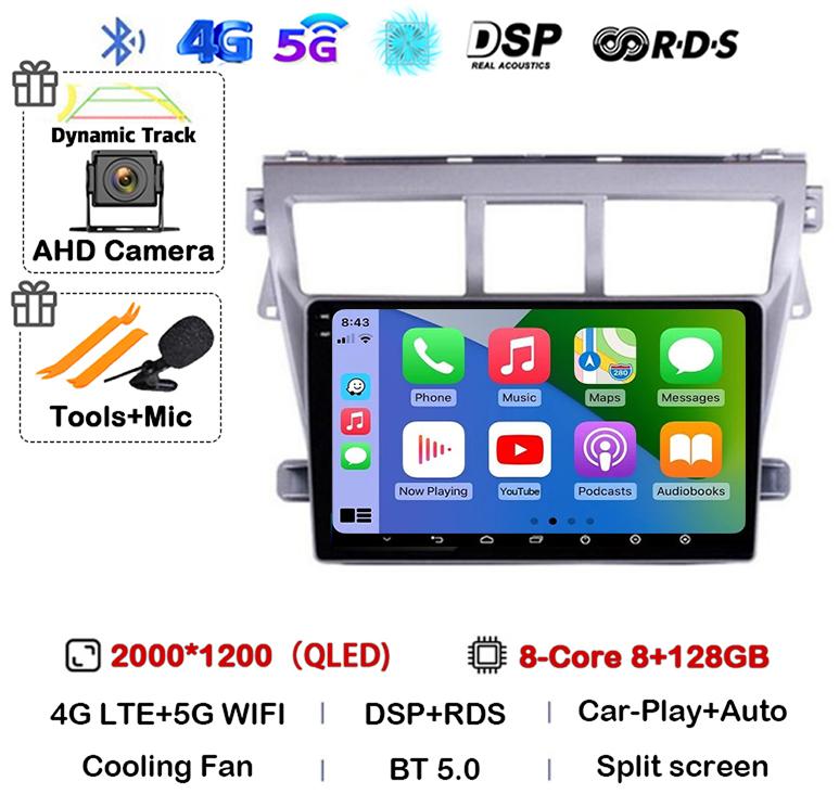 Android 14 Carplay Auto Car Radio For Toyota Vios Yaris 2007 2008 2009 2010 2011 2012 Multimedia Video Player 4G WIFI GPS Stereo