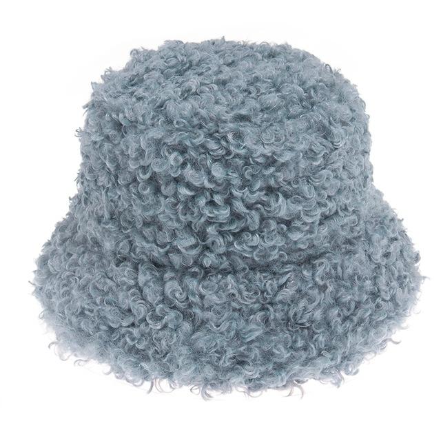 New Outdoor Warm Lamb Faux Fur Bucket Hat Black Solid Fluffy Fishing Cap Fisherman Women Winter