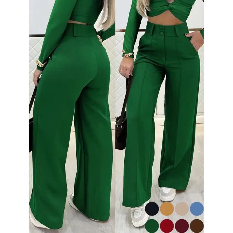 Women's High Waist Wide Leg Pants with Button Detail
