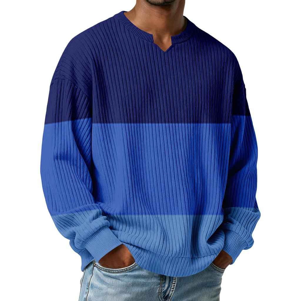 Herrars Färgblockerad Stilfull V-ringad Ribbad Texturerad Långärmad T-shirt