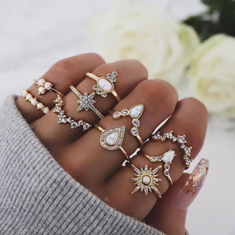 Vintage Beauty Avatar Gold Coin Cross Pattern Love Fatima Palm Ring 15-piece Ring Set
