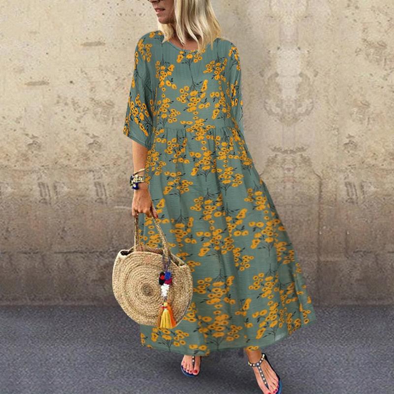 Spring Plaid Pattern Summer Casual Artistic Style Short-sleeved Round-neck Wide-hem Dress