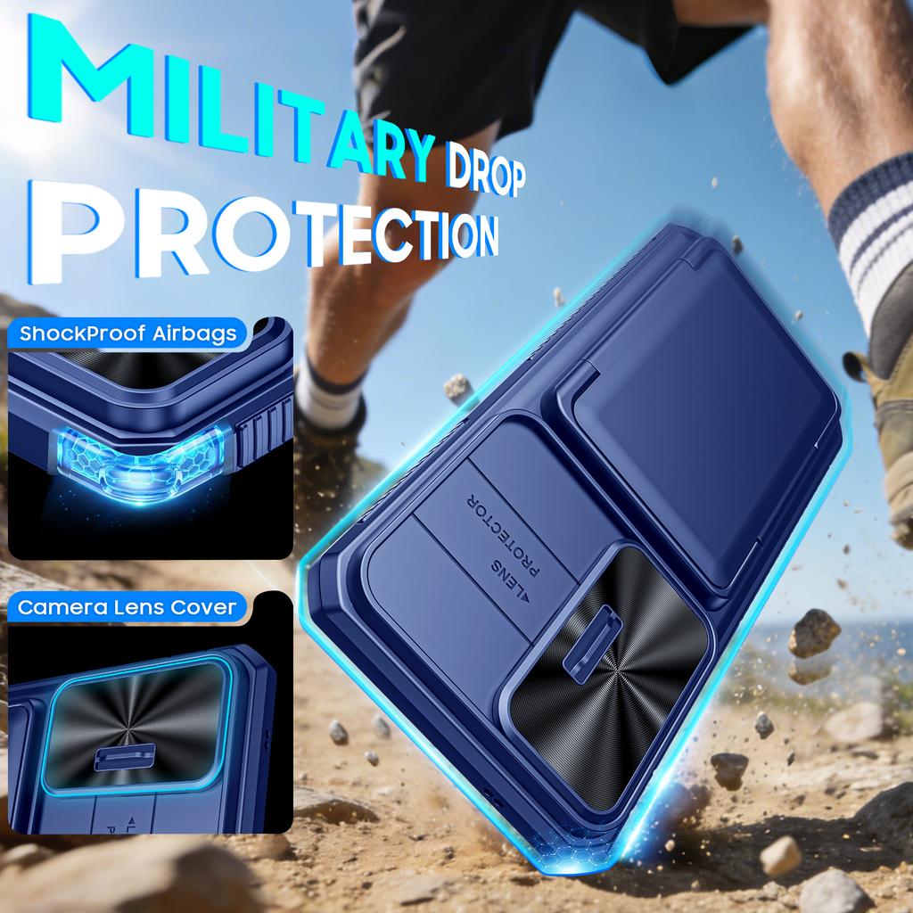 Pouzdro na telefon Samsung Galaxy S26 Ultra s držákem na karty, posuvným krytem fotoaparátu a stojánkem, protipádové pouzdro-peněženka z PC+TPU - Modrá