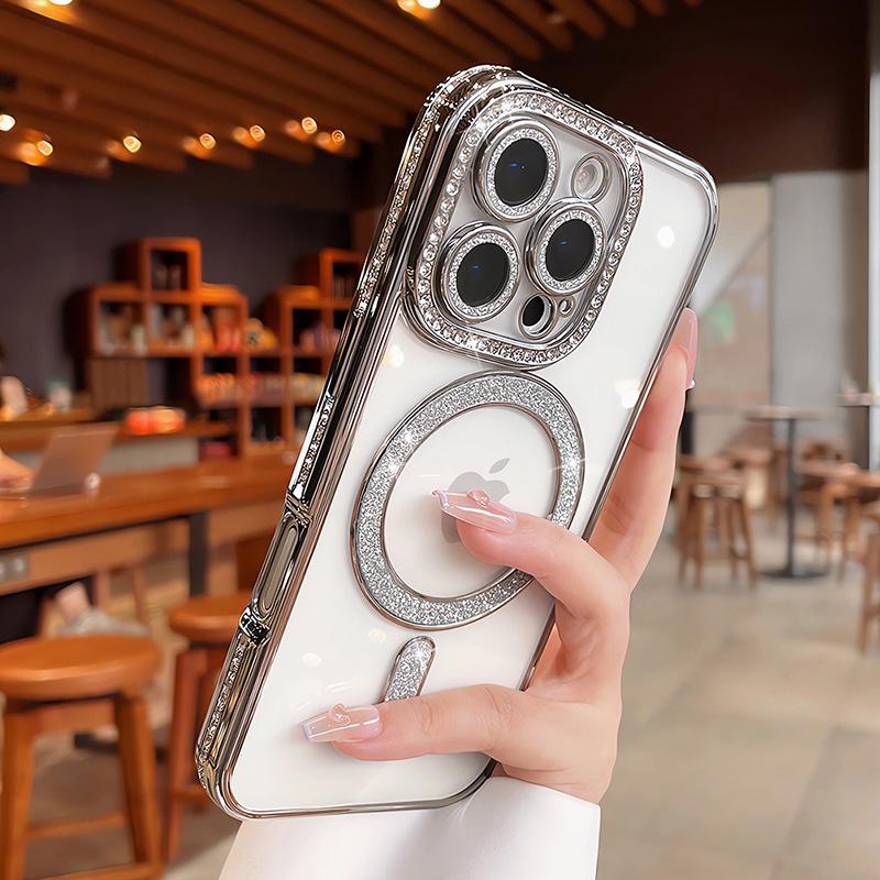 

Роскошный магнитный чехол со стразами и пленкой для объектива для Apple Pro Max (Совместимо с iPhone 14-17), прозрачный iPhone 13 Pro Max