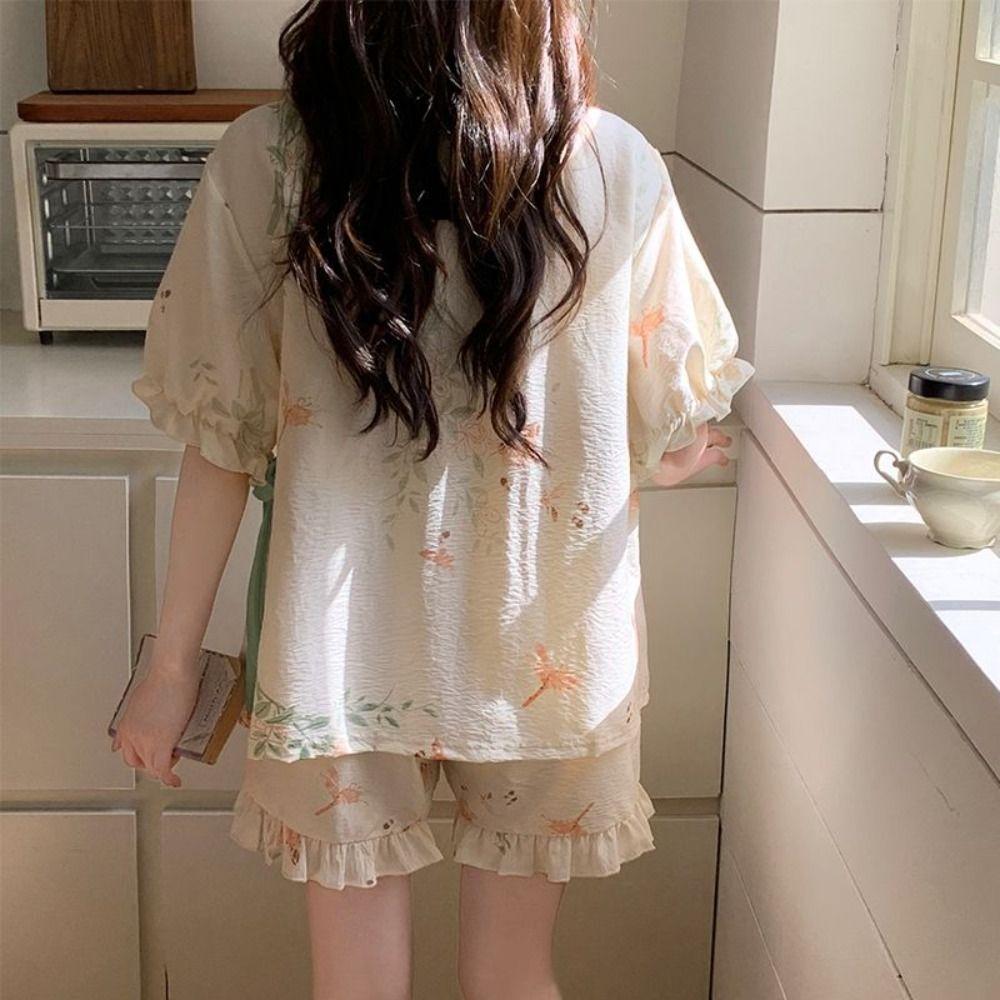 Chinese Style Lace Up Pajama Suit Flower V-Neck Shorts Sleeve Nightwear Women Homewear Loose Two Pieces Sleepwear Sets Home
