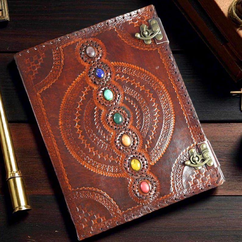 Seven Stone Leather Journal – Large Grimoire Book, Wedding Guest Book, Leather Photo Album, Spell Book, Witchcraft Gift Idea, Book of shadow