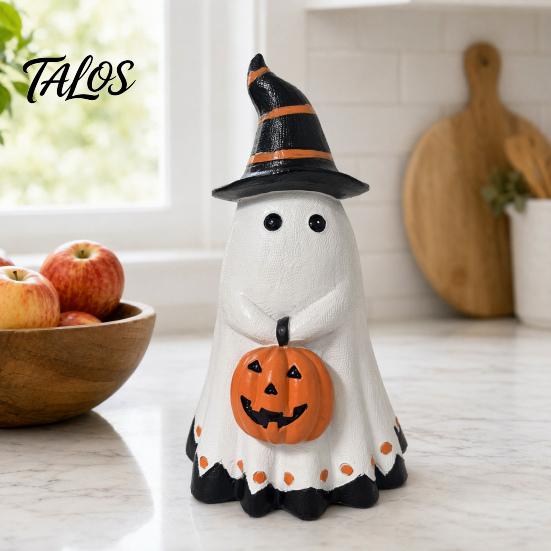 Spooky Ghost Decoration Halloween Figurine, Cute Wearing Hat And Holding Cool Patterns Pumpkin Statue, Resin Ornament for Shelf Tabletop Decor