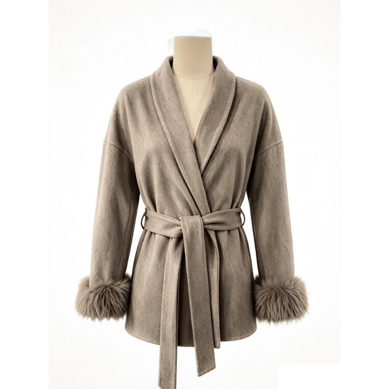Women S Short Wool Coat With Tie Solid Color Long Sleeve French Style
