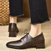 Retro Preppy Mid-Heel Square-Toe Leather Loafers with Deep-Mouth Lace-Up and Kitten Heel for Women
