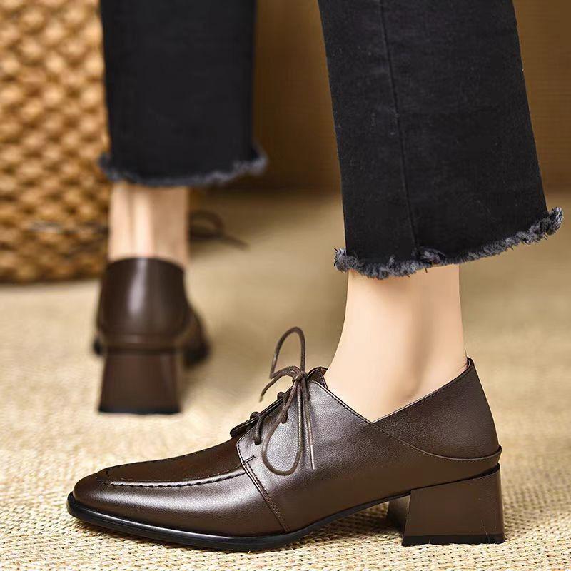 Retro Preppy Mid-Heel Square-Toe Leather Loafers with Deep-Mouth Lace-Up and Kitten Heel for Women