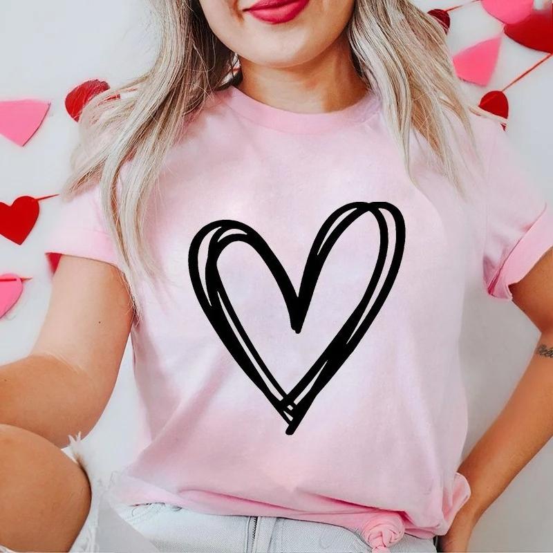 New Women's T-Shirts Clothing Valentine Leopard Love Heart Print Tees Breathable Tshirt Loose Top Harajuku Casual Short Sleeve