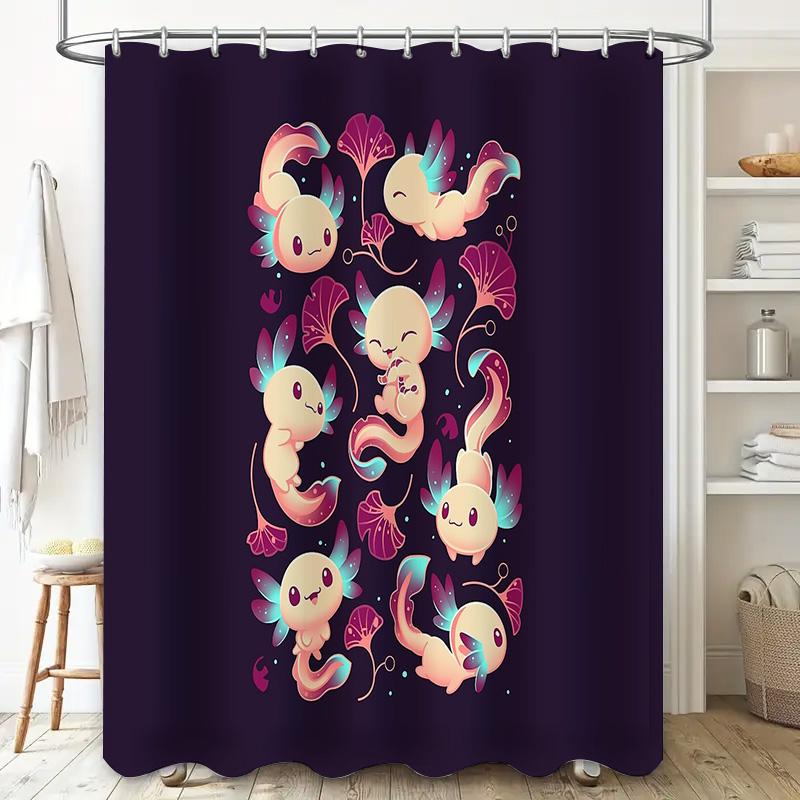 Cute Axolotl Shower Curtain Kawaii Anime Bath Decor Funny Salamander Backdrop Unique Home Textile Vibrant Colors Soft Fabric Wat