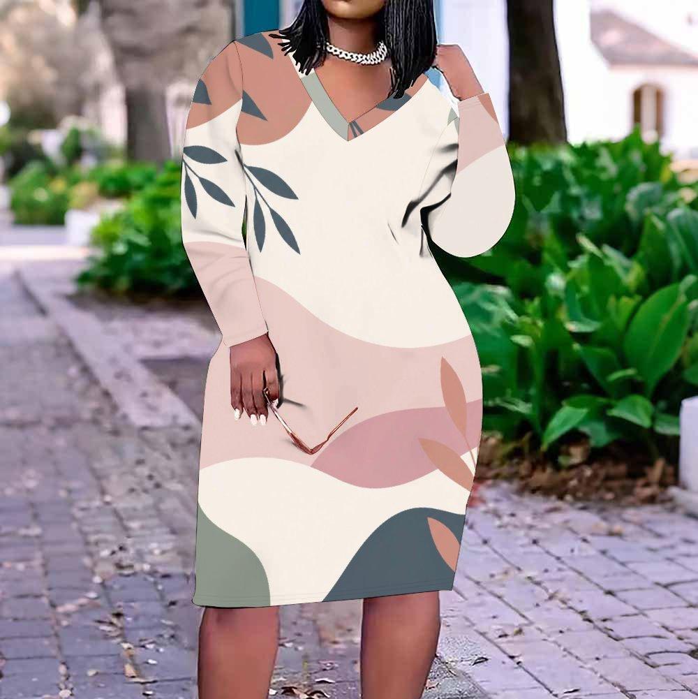 Women Plus Size V Neck Long Sleeve Printed Fitted Straight Dress