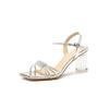 Summer Silver Transparent Crystal Thick Heel with Rhinestone High Heel Leather Sandals Women's Beautiful High Heels