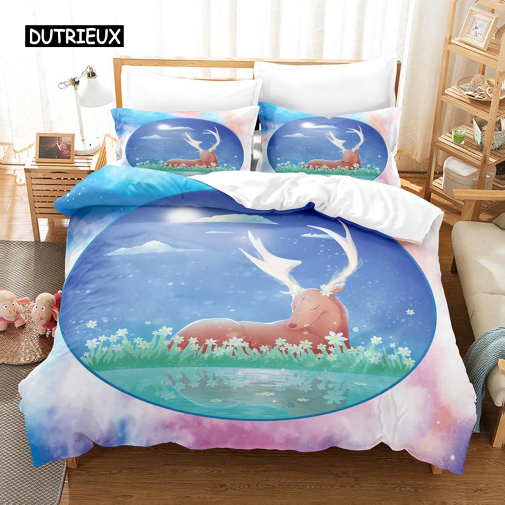 Elch Bettbezug Set Tier Rentier Bettwäsche Set für Kinder Hirsch Tiermotiv für Kind Jugendliche Doppel Queen King Polyester Steppdeckenbezug