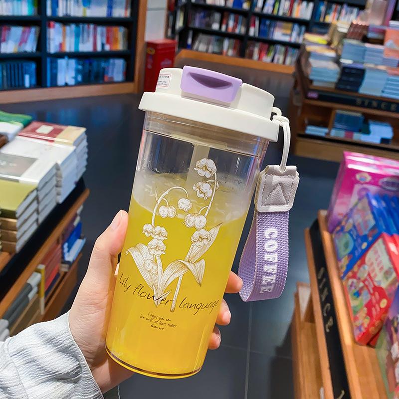 Water bottle straw cup student flower teacup water cup girls easy cup portable straw plastic cup large capacity summer cup