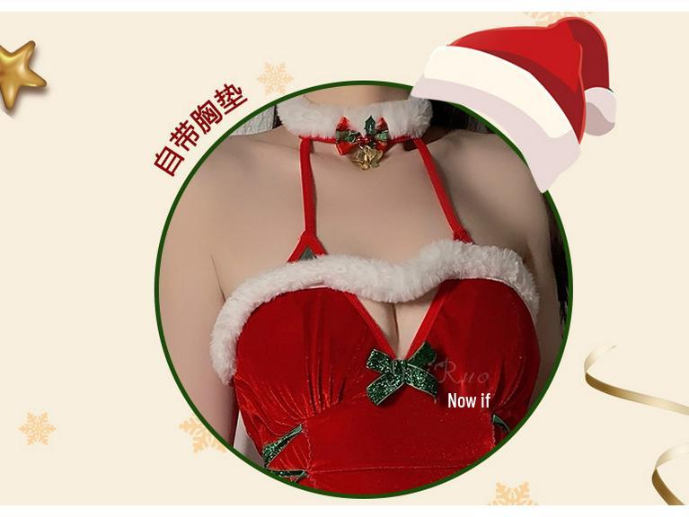 Gorgeous Velvet Deep V Halter Christmas Lingerie Set with Padding 4749