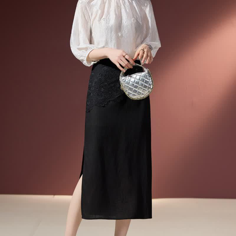 Elegant Lace Splicing Black Midi Skirt