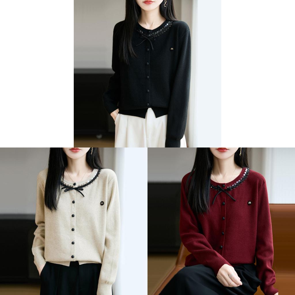 Womens Knit Cardigan With Sequins And Bow Decorations For Autumn Casual Wear