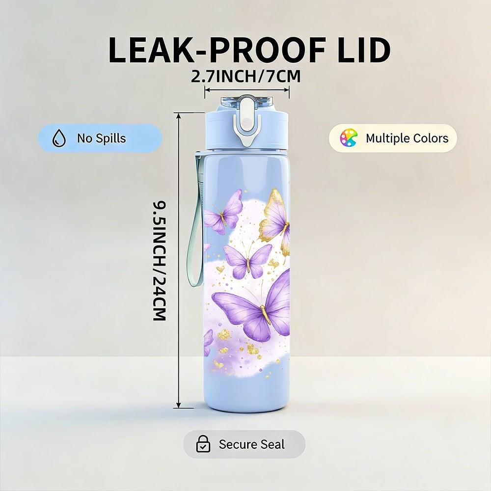 1PC Purple Butterfly Soft Watercolor Print 750ml Color Plastic Sports Water Bottle Leakproof Flip Straw Lid Suitable for Sports Office Home Use