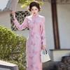 Elegant Pink Purple Chinese-Inspired Long Sleeve Cheongsam Dress Women Vintage Retro Fit Winter Wear Brocade Fabric