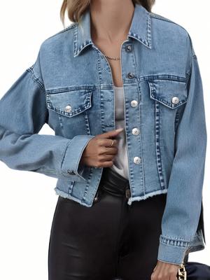 European-American Fashion Frayed Edge Denim Jacket: Elegant Casual Women's Short Top with Front Button