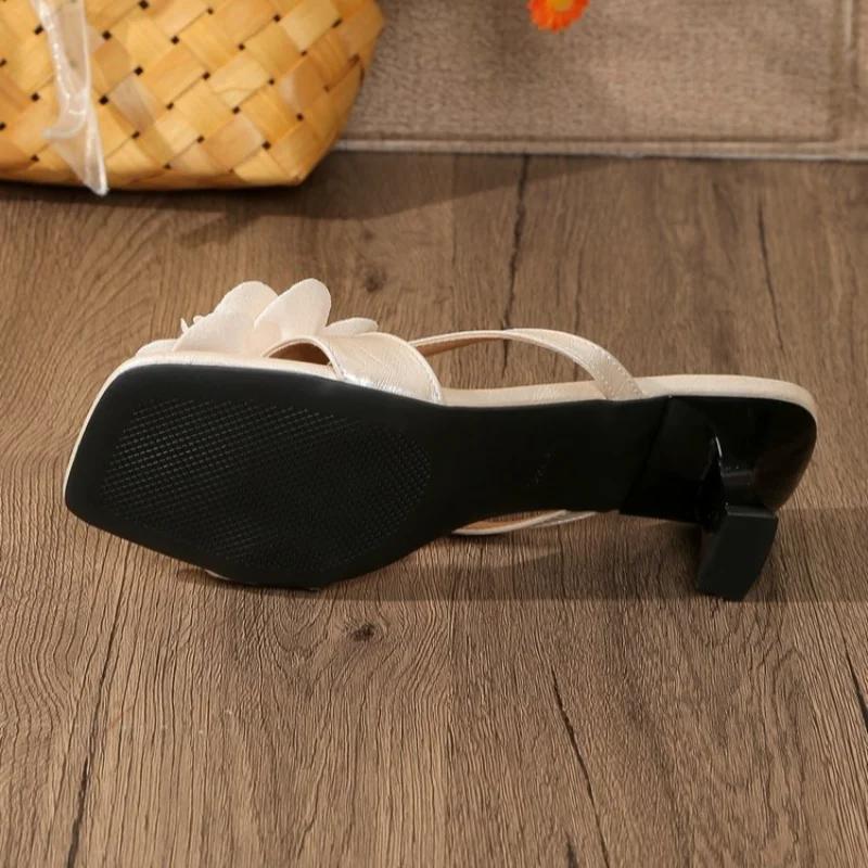 New Square Toe Sandals Flower Women's Heeled Fashion Slippers High Heels 2025 Summer Brand Shoes Designer Chunky Slides Pumps