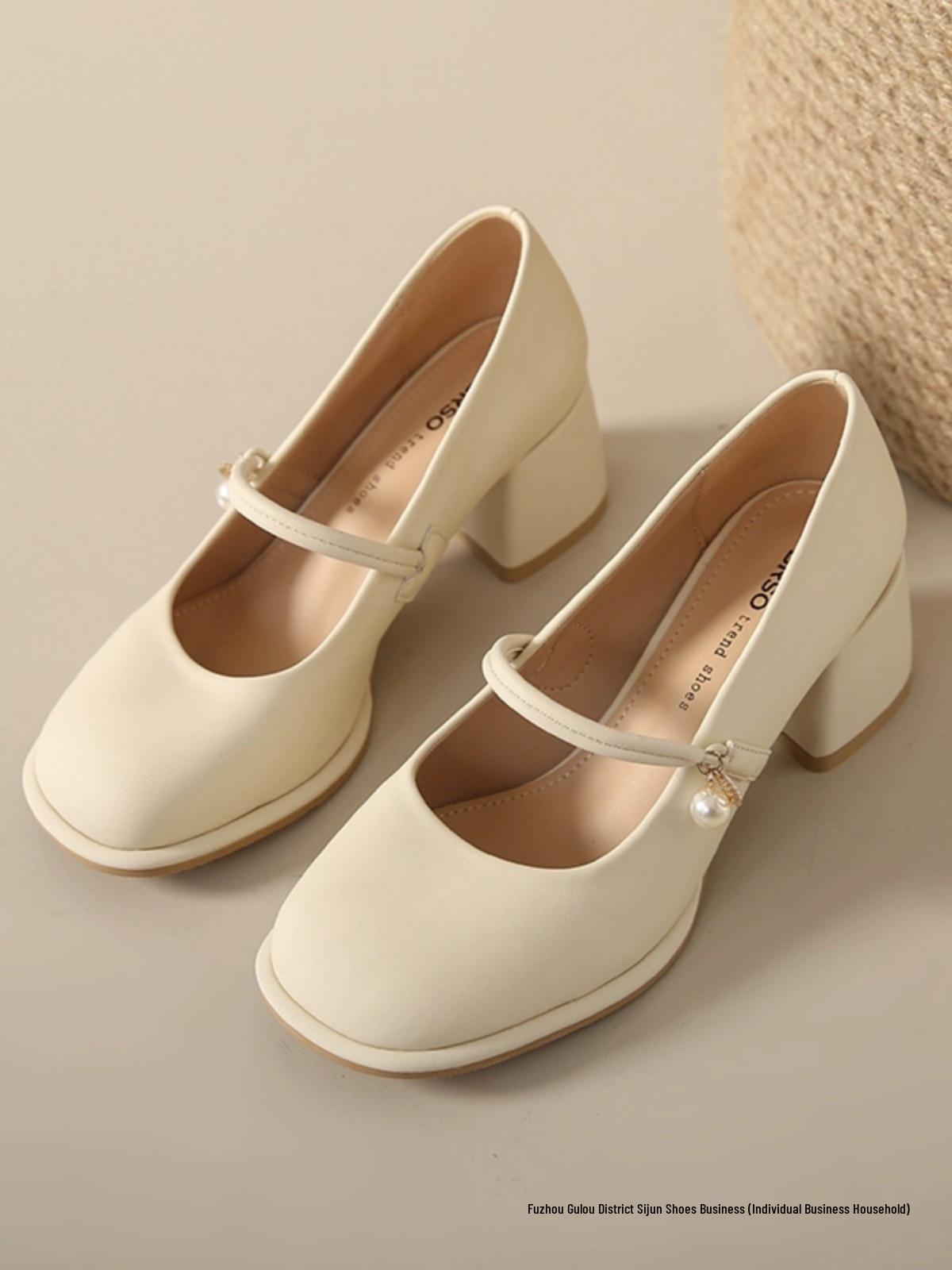 

White French Mary Jane High Heels for Women - Retro Chunky Heel, Spring/Summer Fashion 38