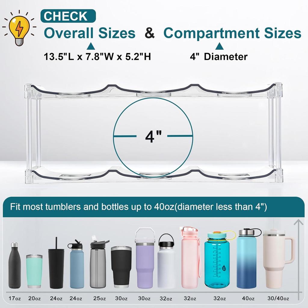3 Tier Stackable Water Bottle Organizer Holder Clear Cup Tumbler Rack for Cabinet Countertop Fridge Pantry Holds 9
