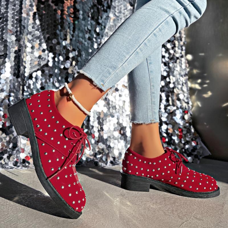 Fashion Women's Coarse Heel Shoes Spring New Round Head Deep Mouth Before Lacing Suede Rivet Anti-slip Wear-resistant Low-top Shoes