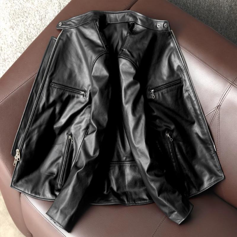 Men Genuine Leather Jacket Korean Slim Fit Biker Coat Real Cowhide Short Stand Collar Youth Fashion