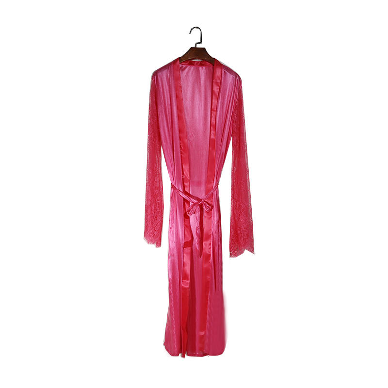 Women Lace Stitching Long Bathrobes Nightgown Soft Silk Dressing Gown Bath Robe Large Size Sexy Pajamas