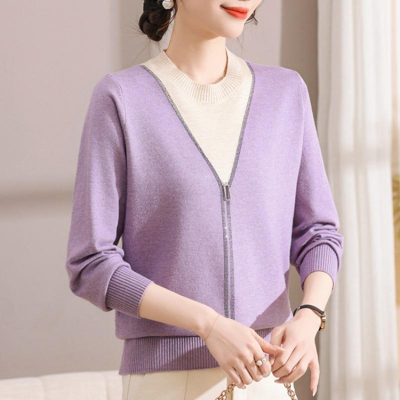 Spring new mother outfit middle-aged women's knitted sweater round neck thin long-sleeved sweater loose mother-in-law top