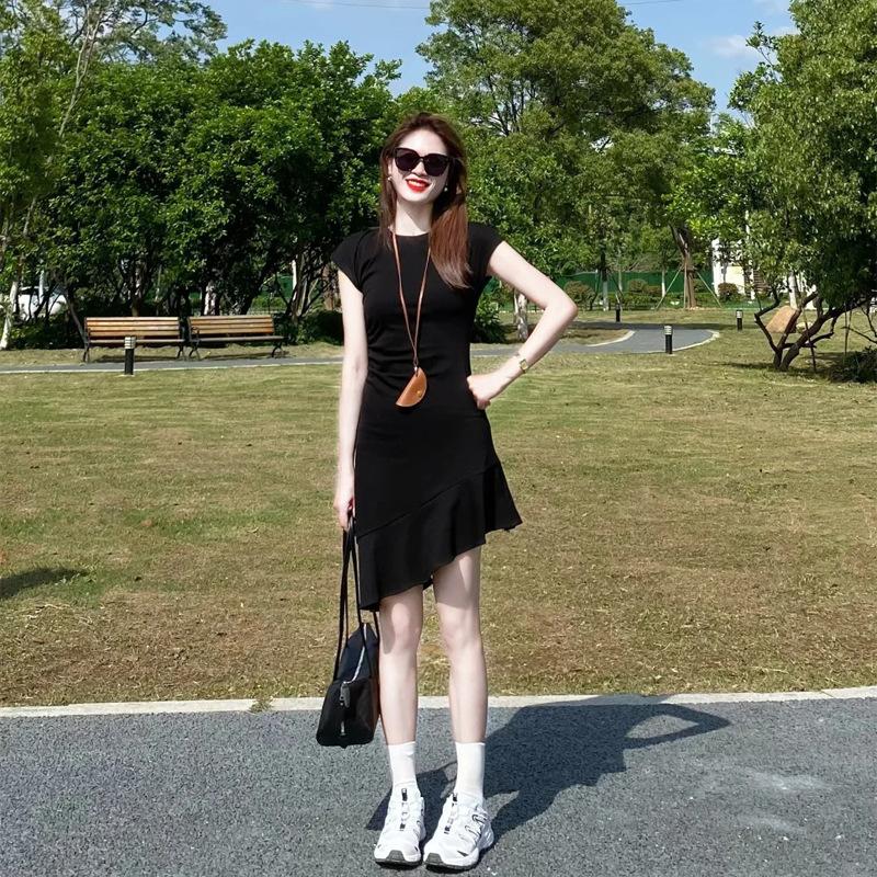 Black waist pinch dress women s summer design sense irregular ruffle edge thin round neck small black dress ballet skirt S