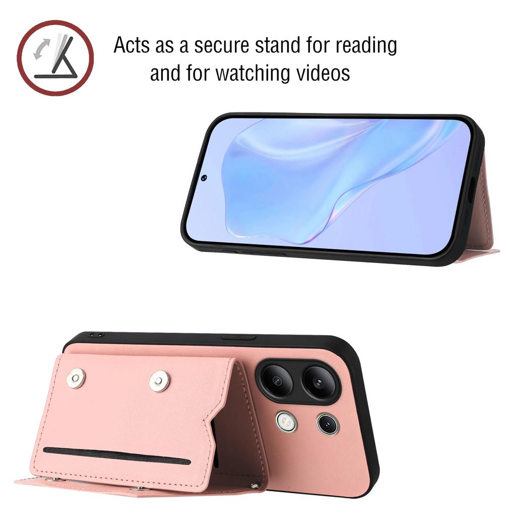 For Xiaomi Redmi Note 13 4G Case Card Holder Kickstand Skin-Touch Phone Cover with Wrist Strap