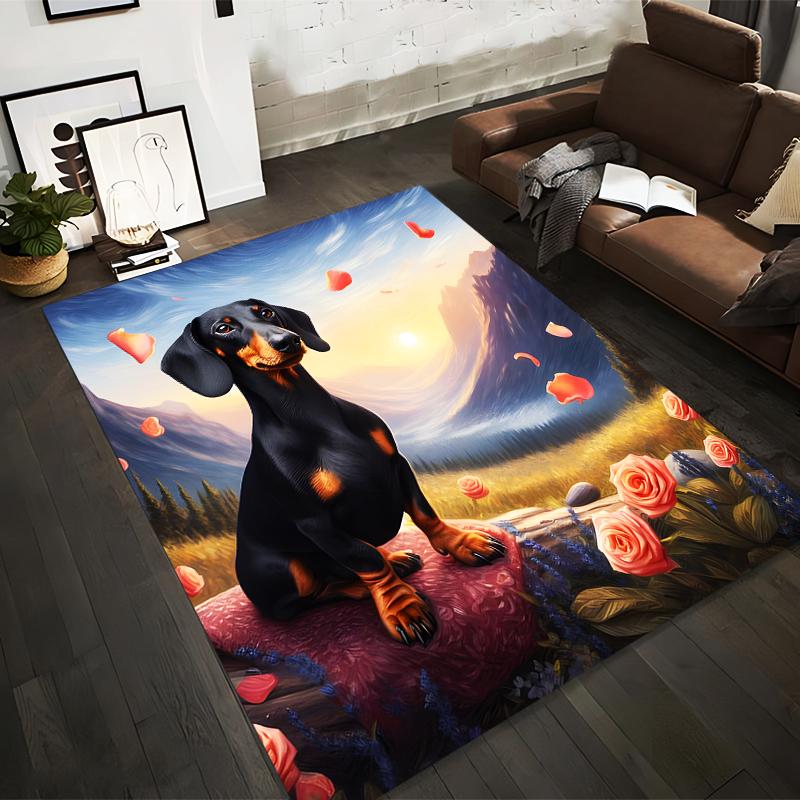 

Dachshund Dog on Sunset Landscape Carpet with Roses Pattern Suitable for use as an anti-slip for living room bedroom sofas 40x60cm( 15x23in )