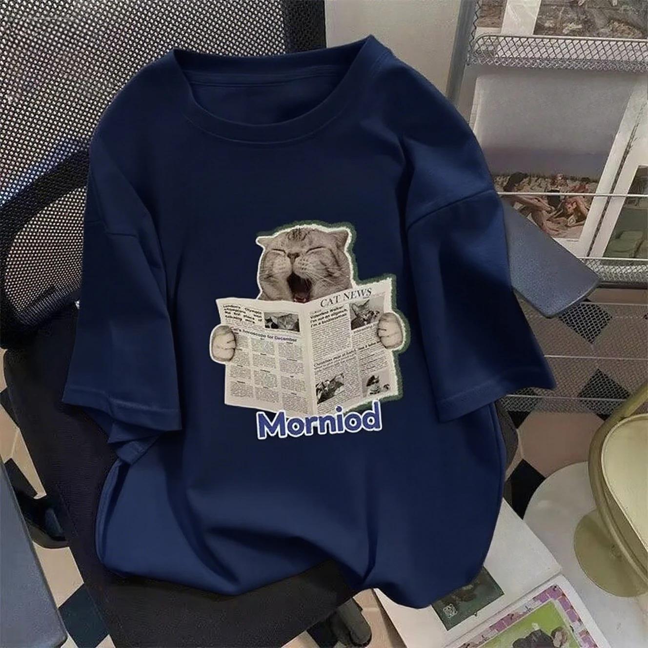 

2025 Heavy Cotton Personalized Cat Print T-shirt for Men and Women Couples Autumn and Winter Hong Kong Style Versatile T-shirts 4XL