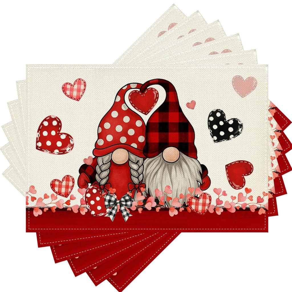 1-Set Gnome Couple Placemats - Buffalo Plaid & Polka Dots with Hearts & Bows, Hand Washable Table Mats Suitable for Valentine's Day