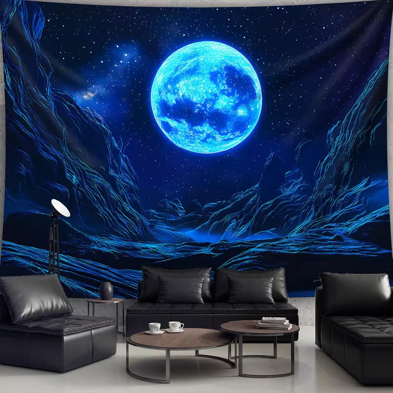 2D Cosmic Blue Moon & Mountain Tapestry Bedroom Background Decor