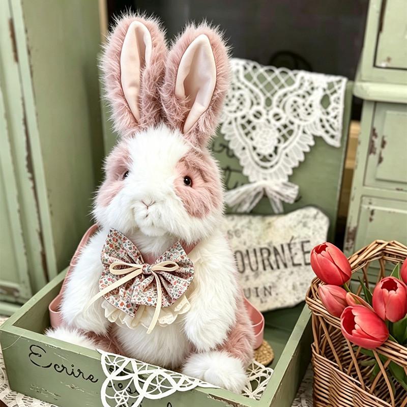 Cute Bowknot Plush Rabbit Backpack Realistic Long Fur Bunny Doll Cartoon Stuffed Animal Bag
