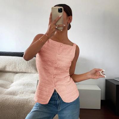 Fashionable Style Single-button Round-neck Sleeveless Fitted Tank Top In Solid Color for Ladies