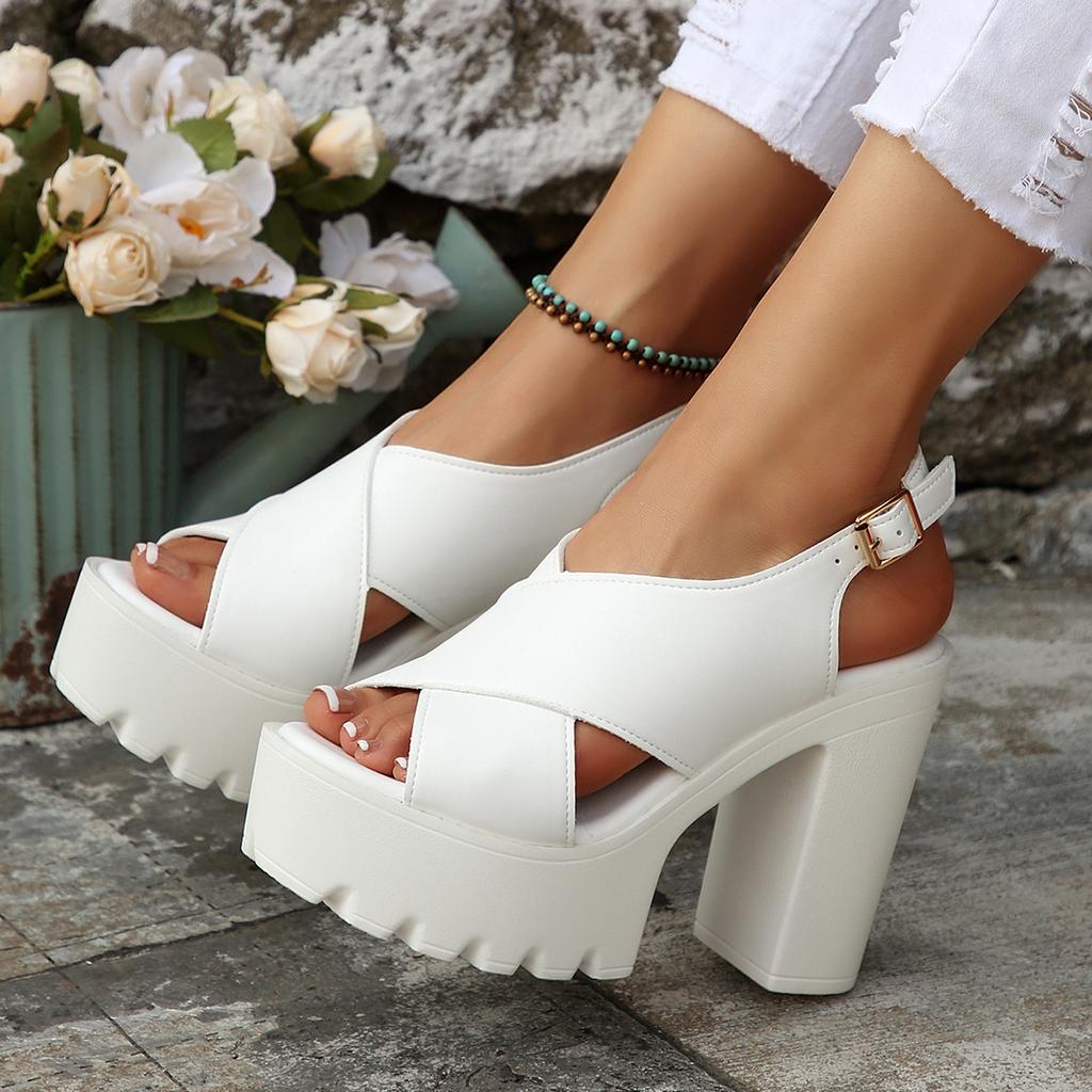 Fashion Women's Large Size Sandals 35-42 Open Toe Round Head One Word Buckle Strap Fashion Runway Shoes Waterproof Platform High Heels