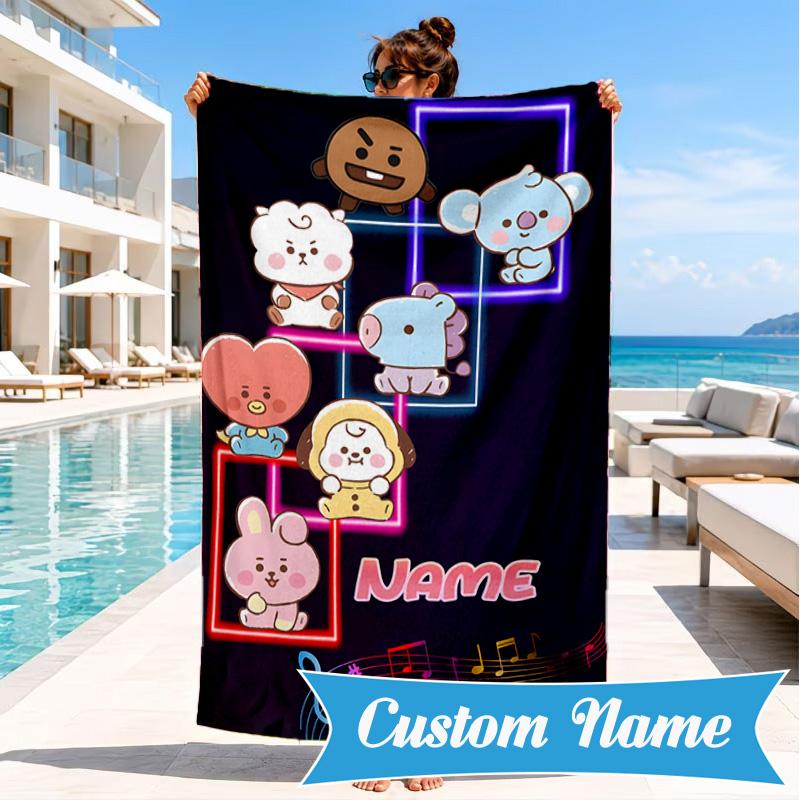 Custom Name Music Friends K-pop Beach Towel Microfiber Beach Towel, Lightweight and Quick-Dry, for Summer Travel, Swimming Pool Gift