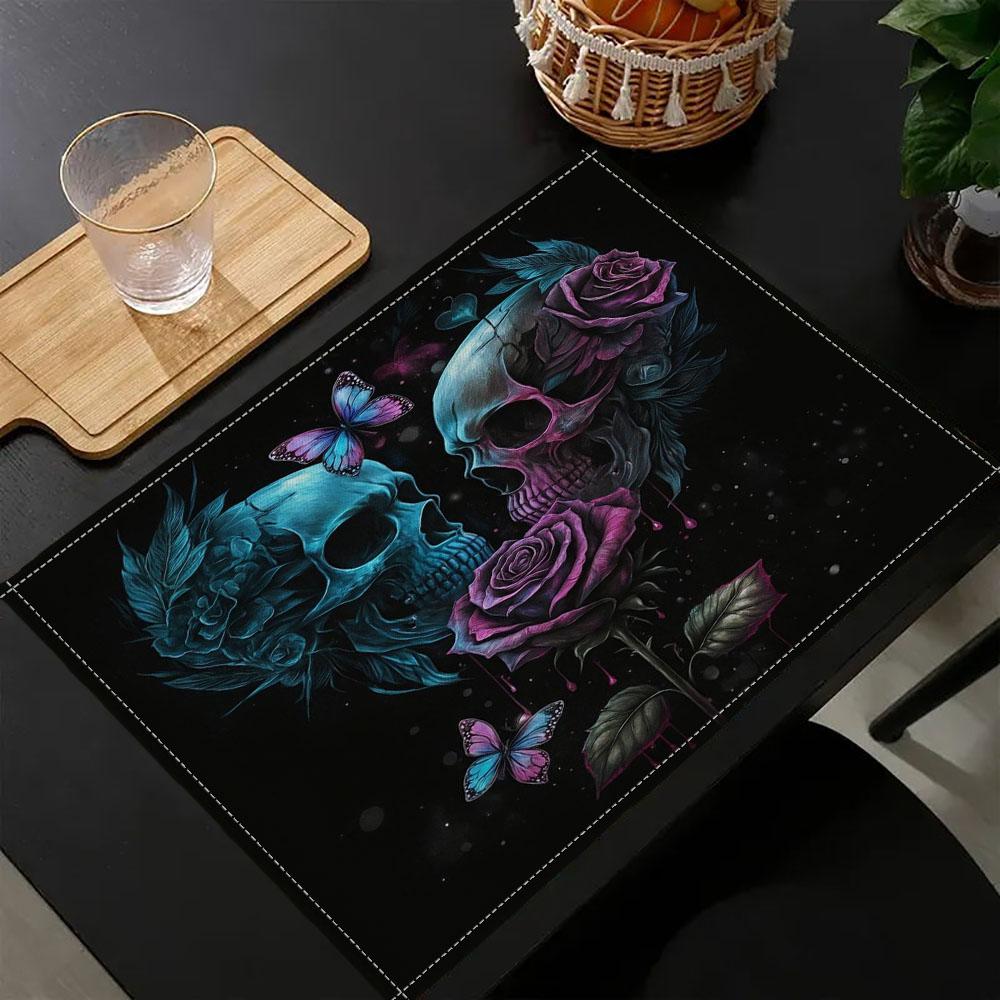

6PC Goth Skull Rose Butterfly Printed Place Table Mat Coaster Pad Cup Coffee Tea Doily Kitchen Placemat 7.14 6PC 30x45CM