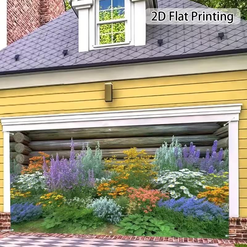 2D Cabin Wood Wall Backdrop, Colorful Wildflower Meadow Background Cloth for Photoshoot